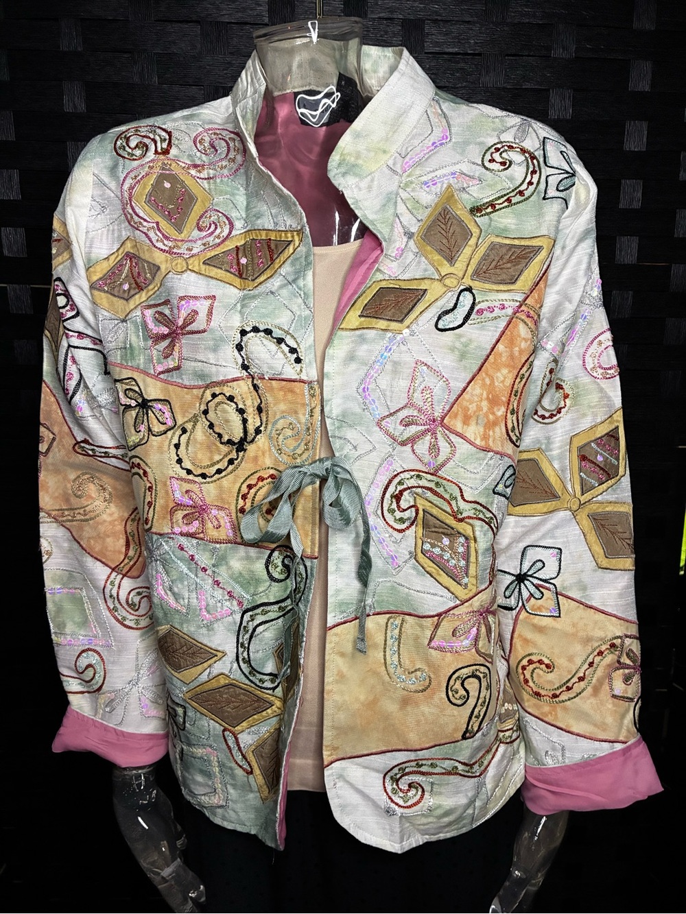 Embroidered Multicolor Patchwork Tie-Front Blazer